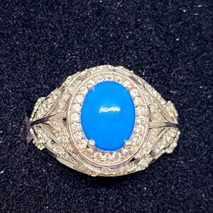 Ceruleite & Natural White Zircon halo ring in Rhodium over 925 SS 2.40ct size 6